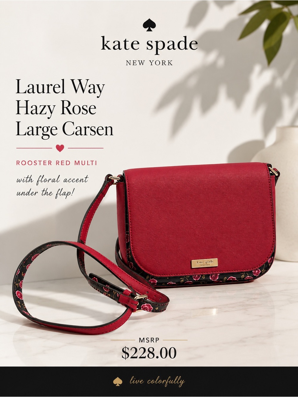 Kate Spade Laurel Way Hazy Rose Large Carsen Crossbody Rooster Red EUC